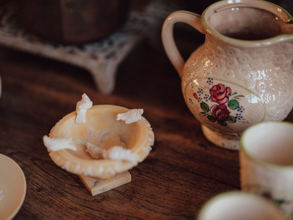 Golden Alabaster Miniature Bird Bath with Four Birds