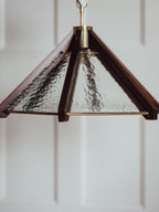Pair of Brutalist Pendant Lights - Wood, Patterned Glass, Brass