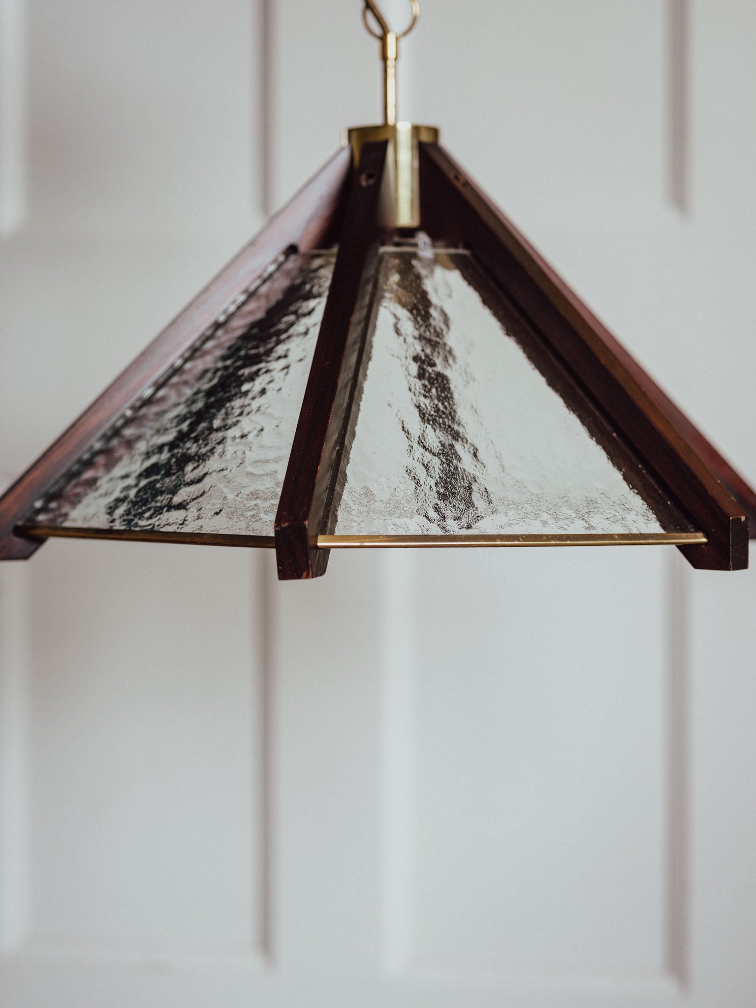Pair of Brutalist Pendant Lights - Wood, Patterned Glass, Brass