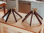 Pair of Brutalist Pendant Lights - Wood, Patterned Glass, Brass