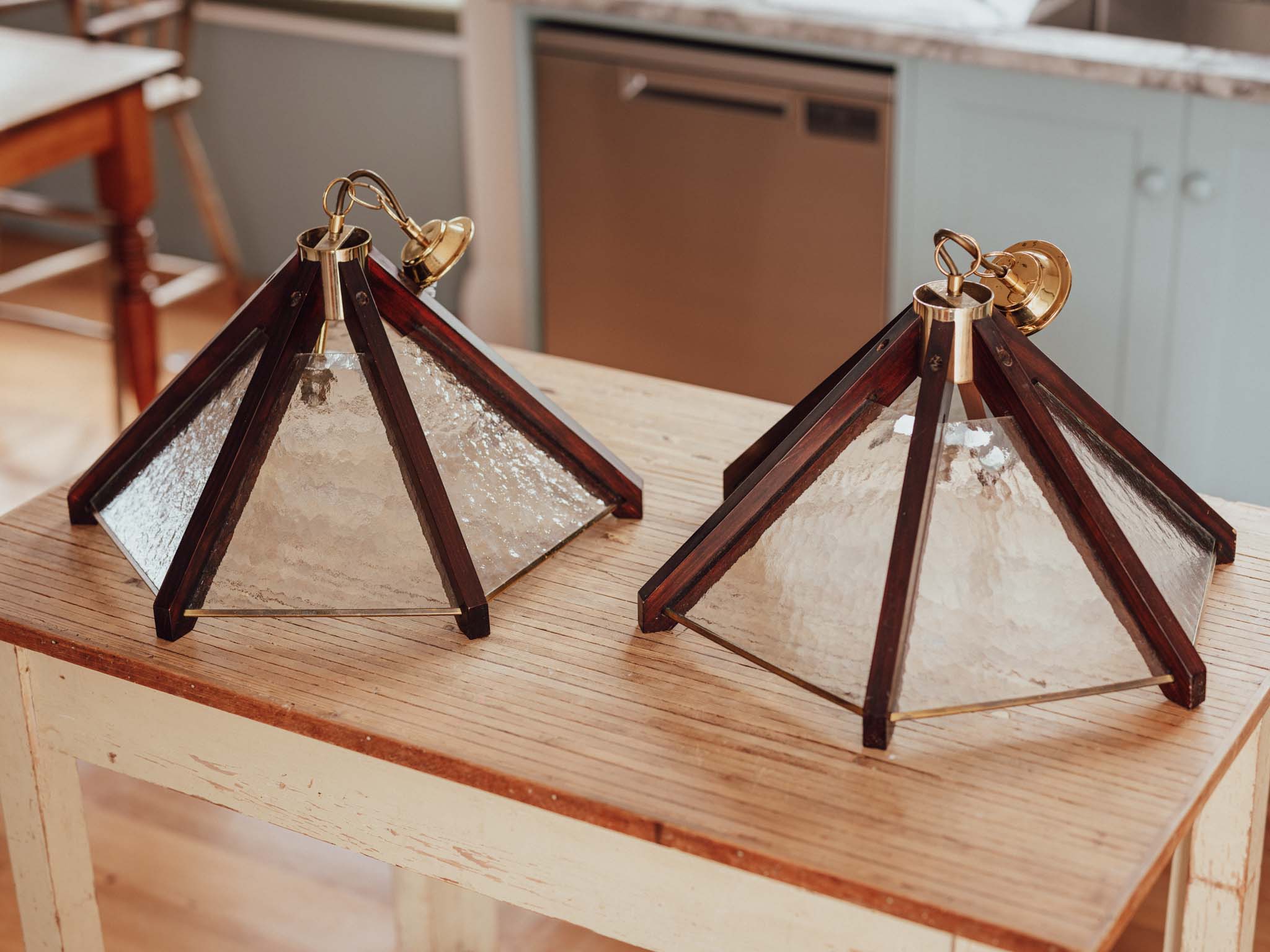 Pair of Brutalist Pendant Lights - Wood, Patterned Glass, Brass