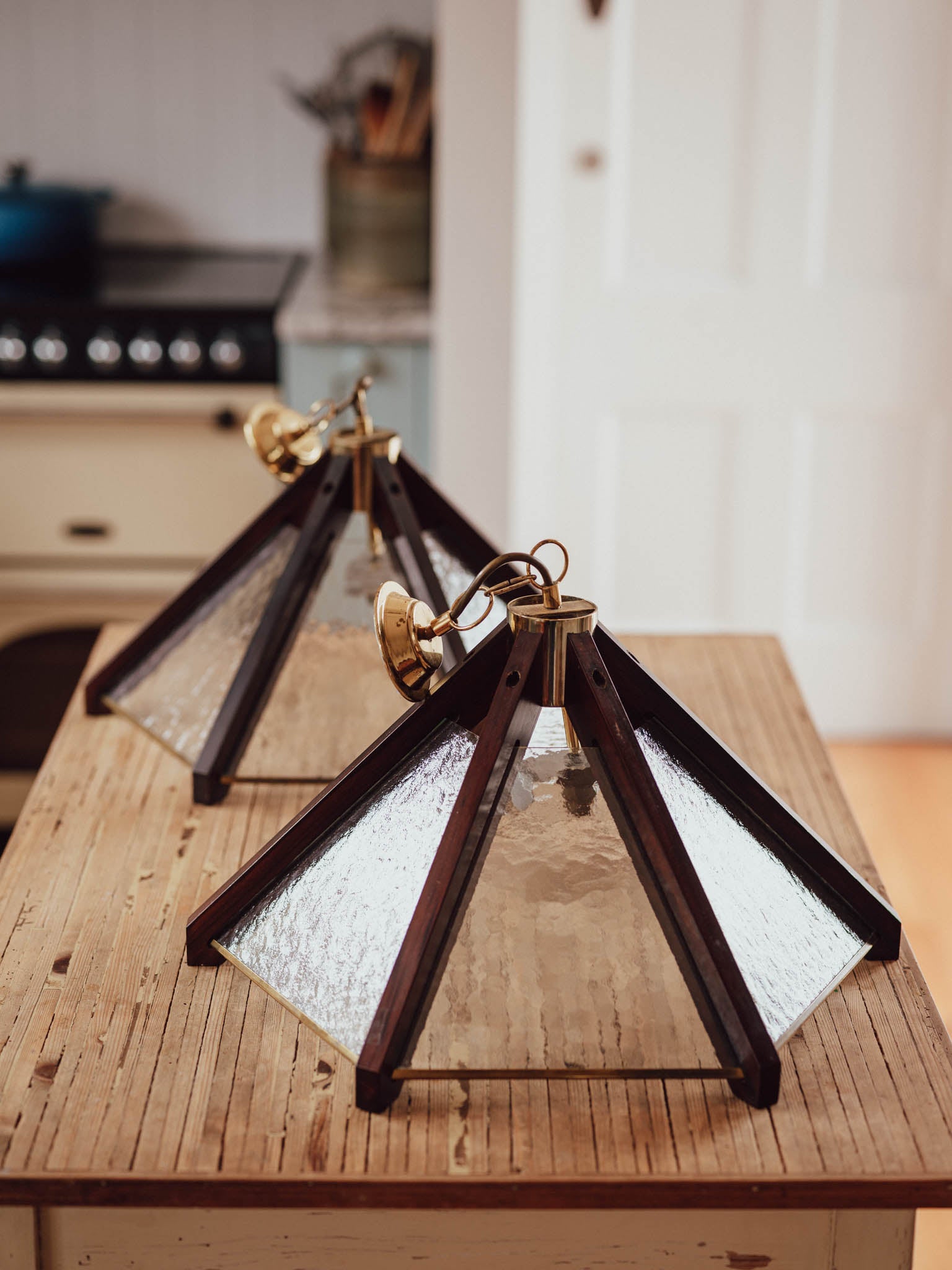 Pair of Brutalist Pendant Lights - Wood, Patterned Glass, Brass