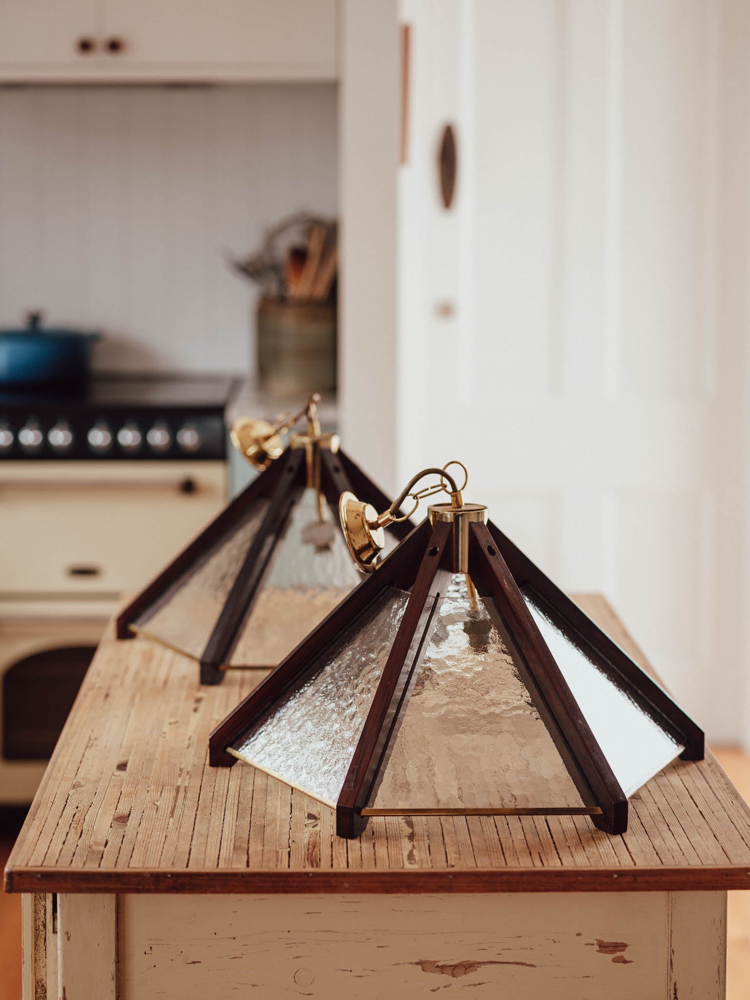 Pair of Brutalist Pendant Lights - Wood, Patterned Glass, Brass