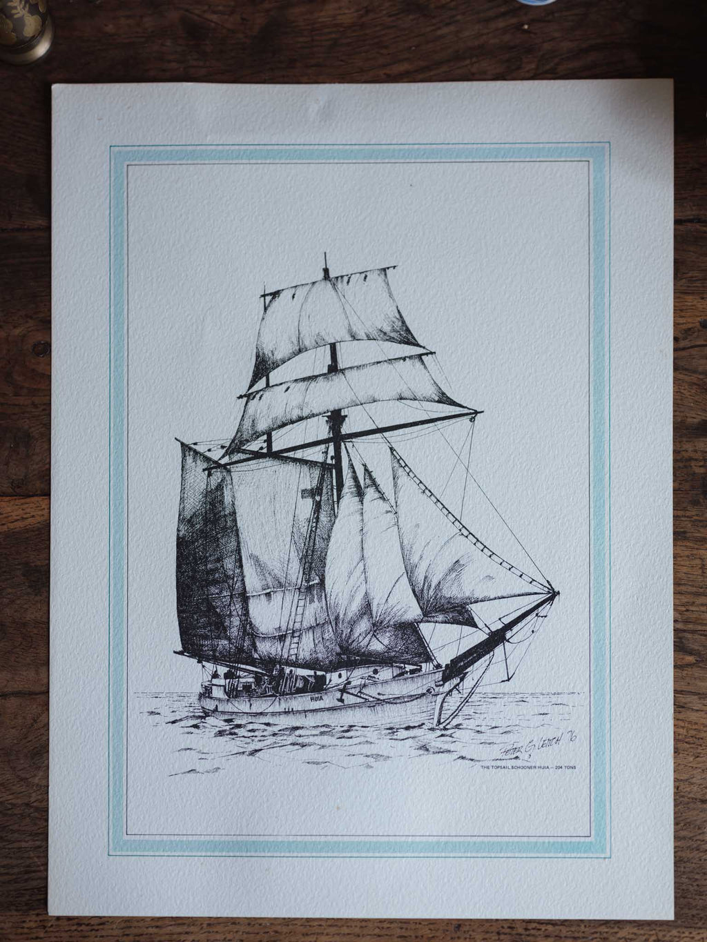 Topsail schooner ‘Huia’ print by Peter G. Leach (1976)