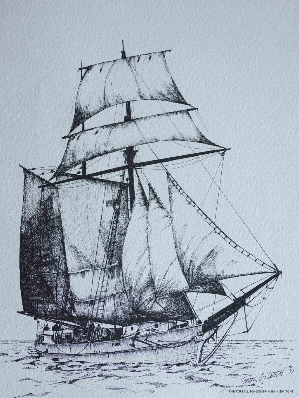 Topsail schooner ‘Huia’ print by Peter G. Leach (1976)