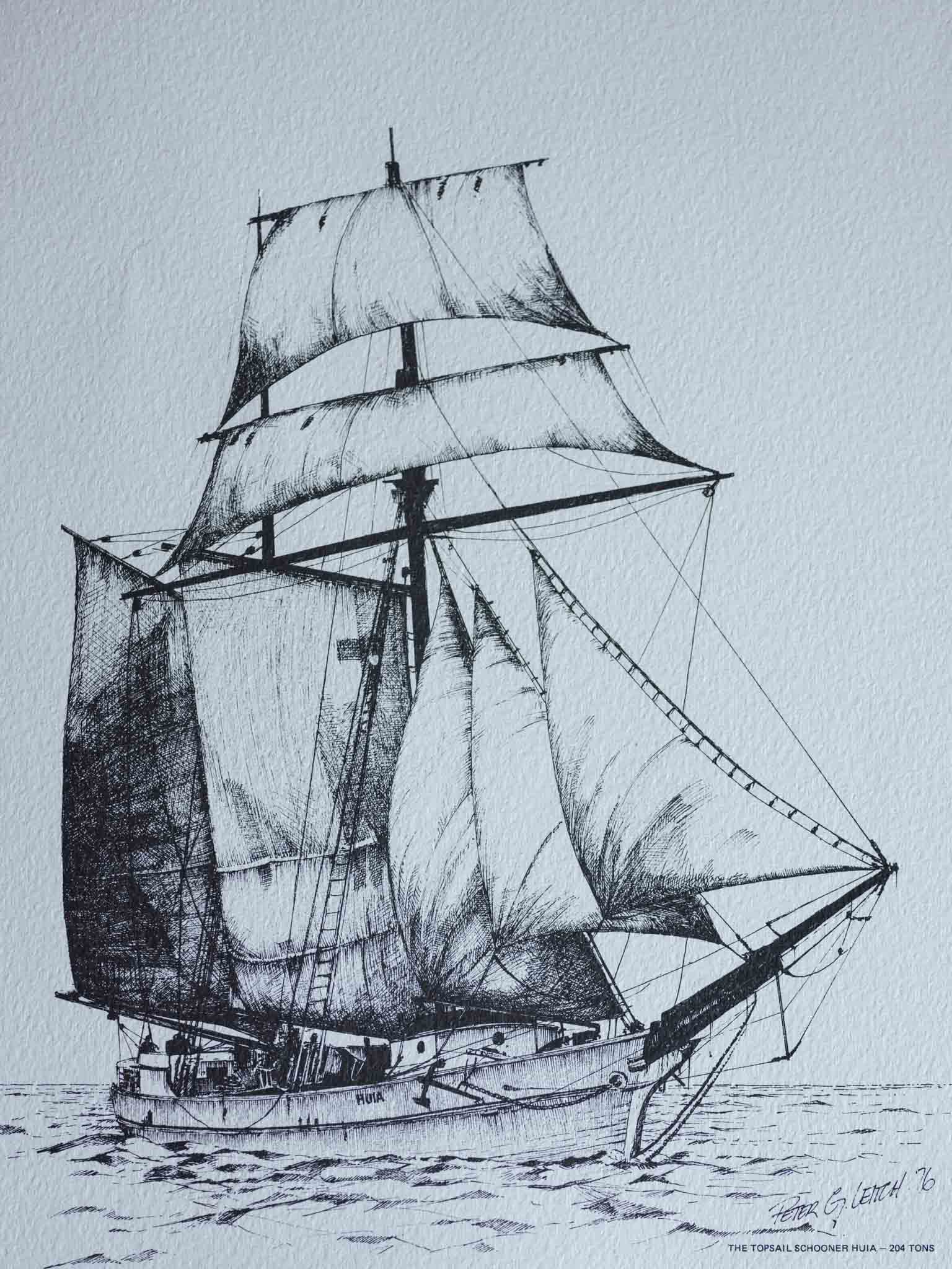Topsail schooner ‘Huia’ print by Peter G. Leach (1976)