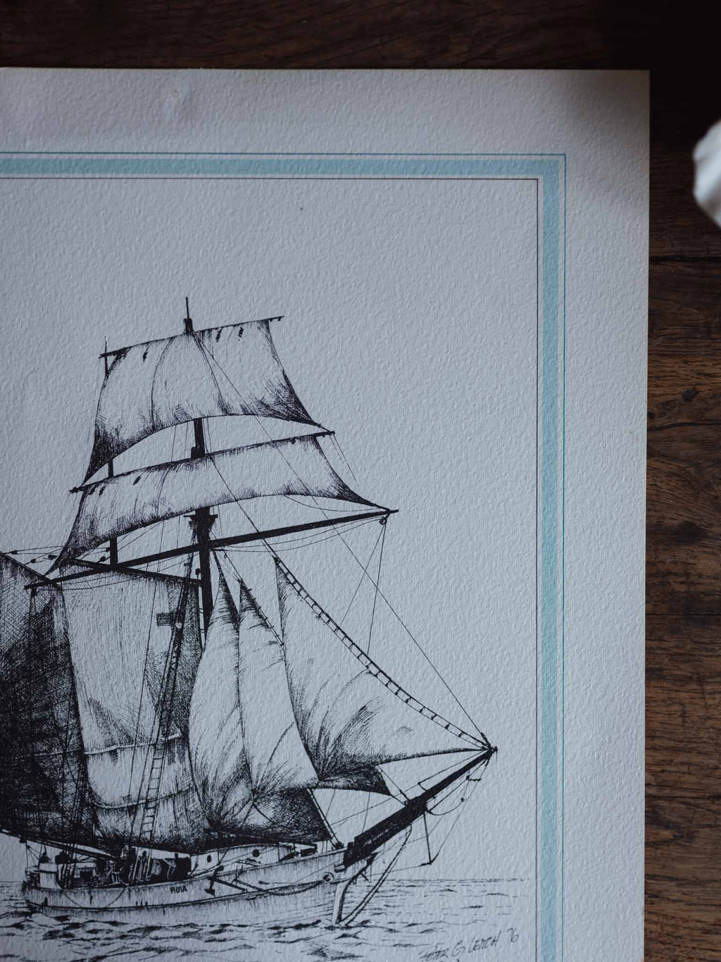 Topsail schooner ‘Huia’ print by Peter G. Leach (1976)