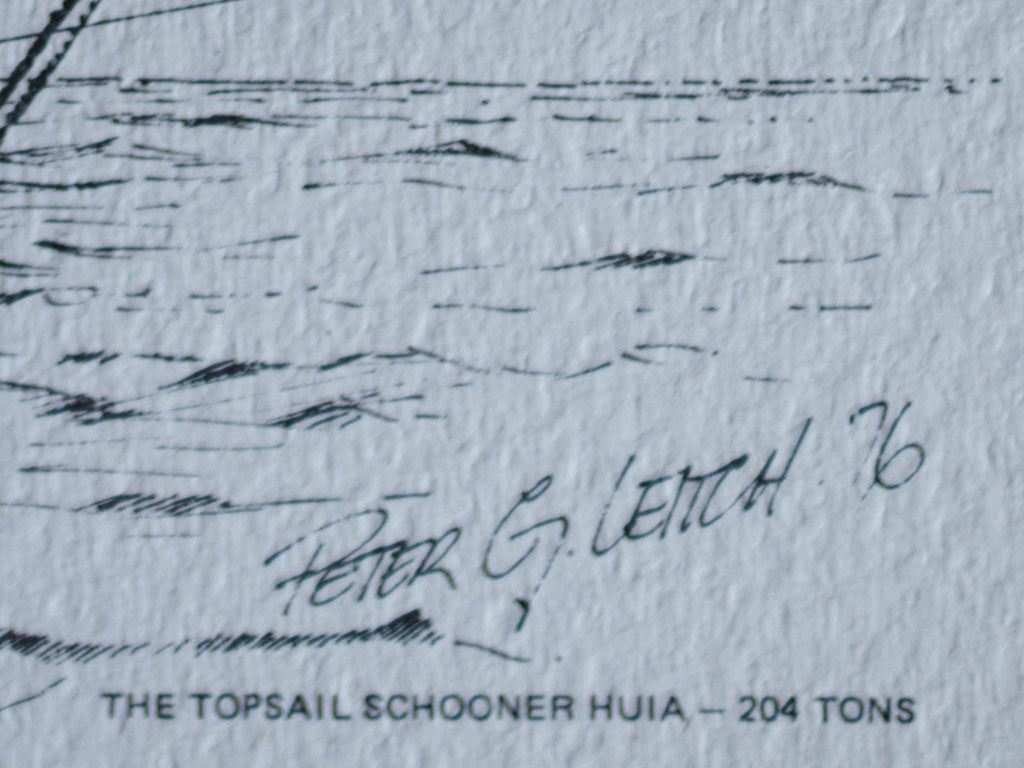 Topsail schooner ‘Huia’ print by Peter G. Leach (1976)