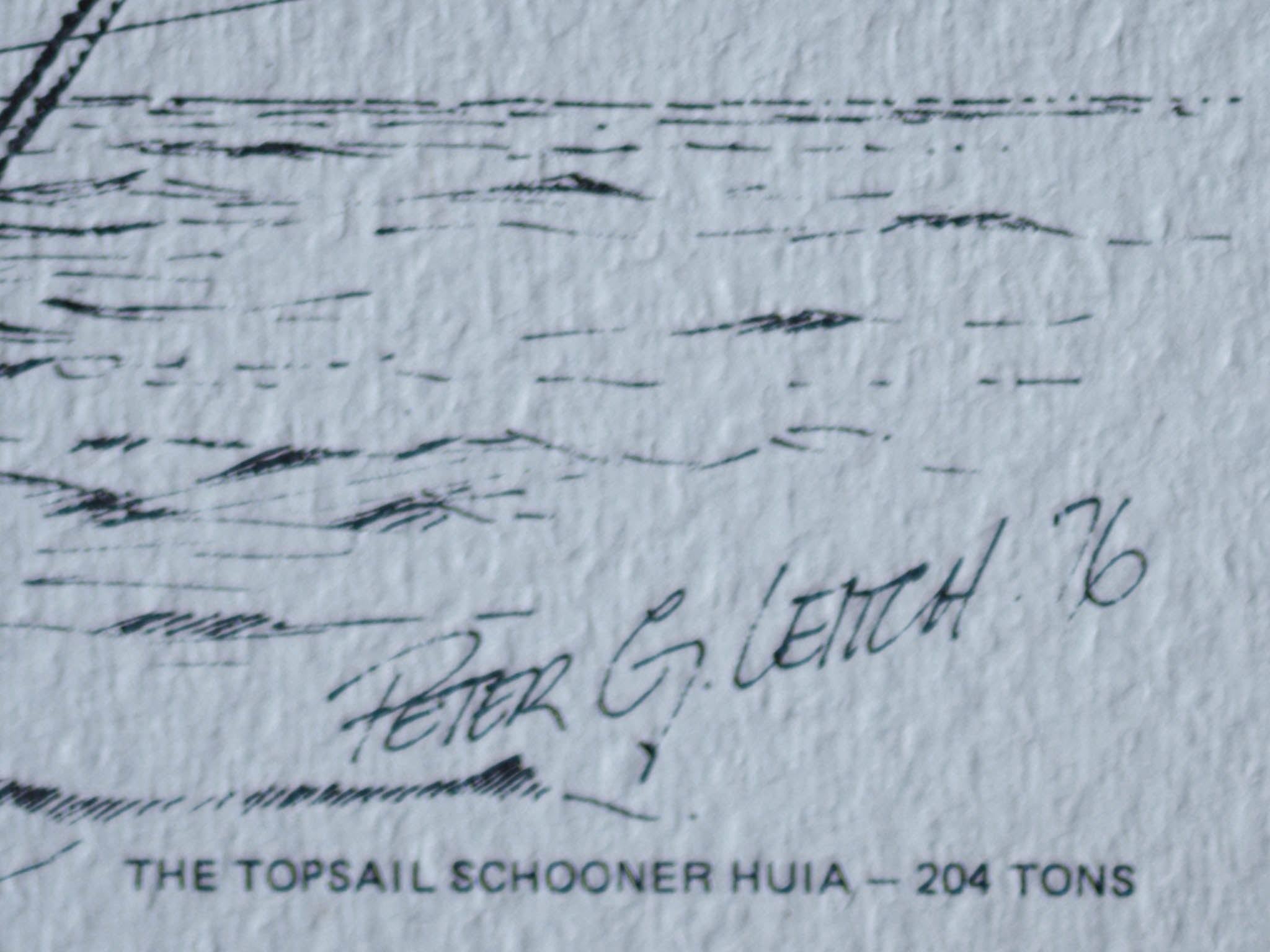 Topsail schooner ‘Huia’ print by Peter G. Leach (1976)