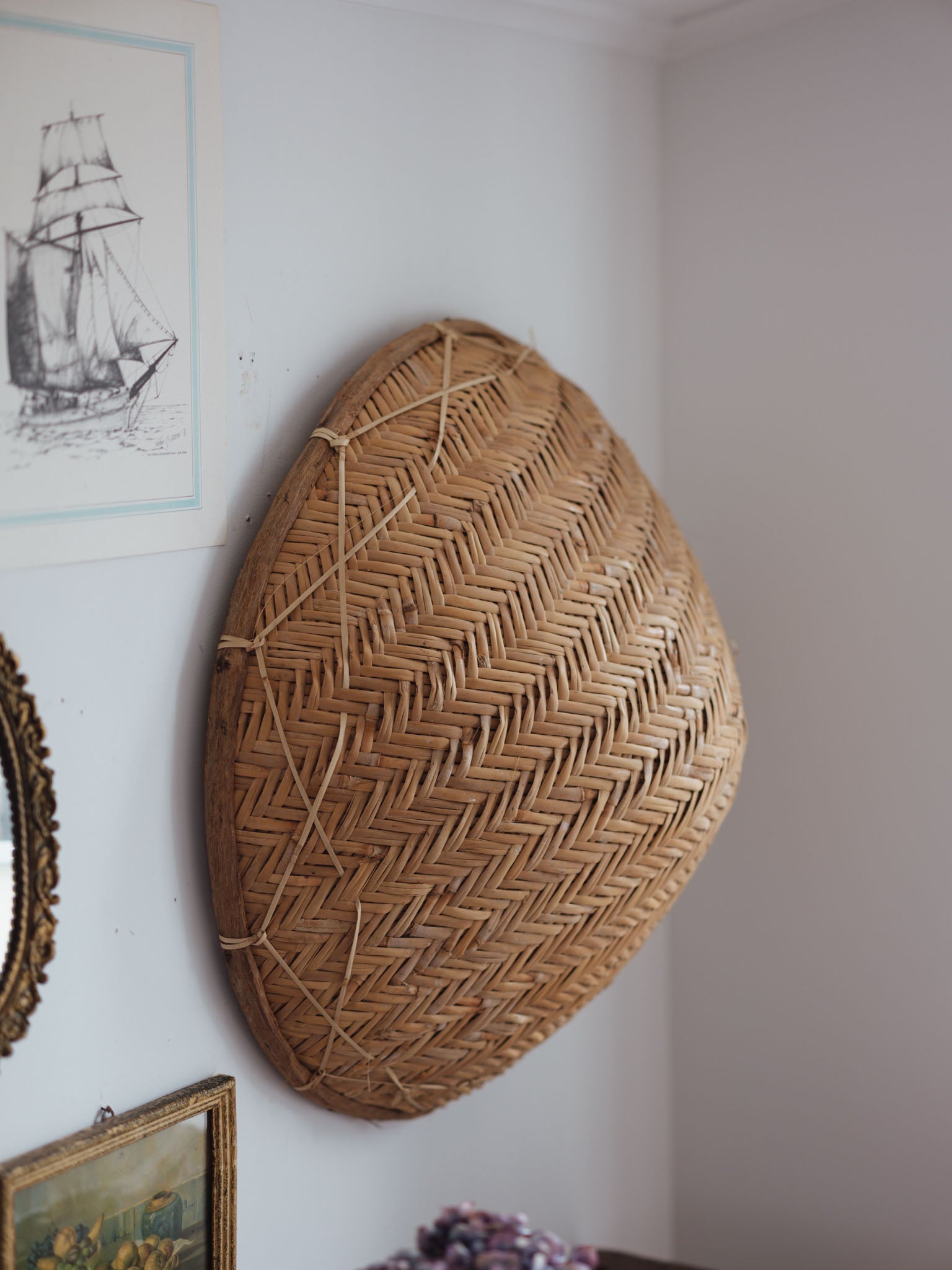 Antique large cane rice sifter