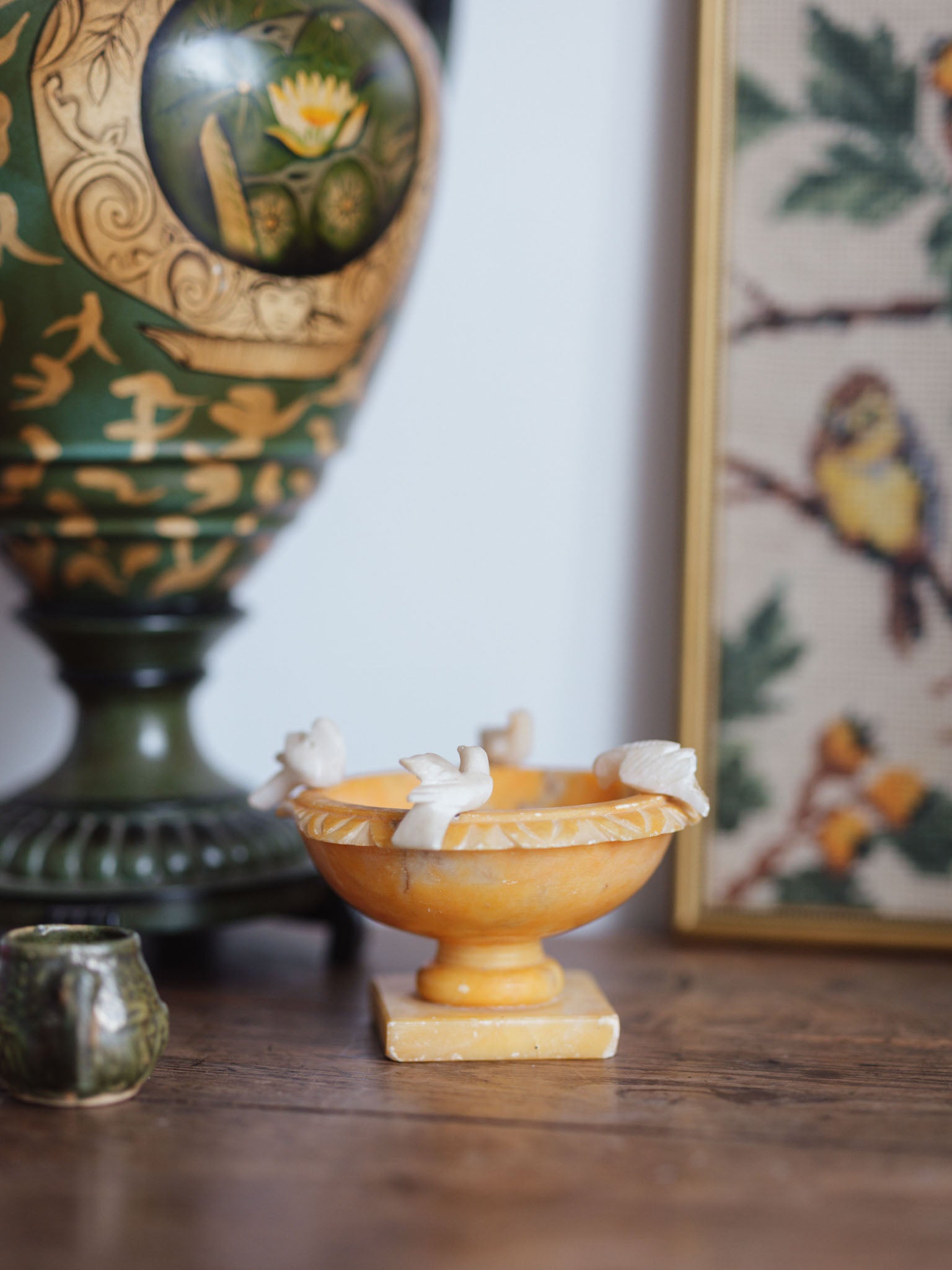 Vintage alabaster pedestal birdbath