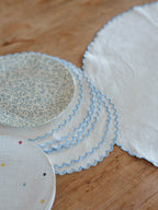 Scalloped linen vintage placemats - cornflower blue edges