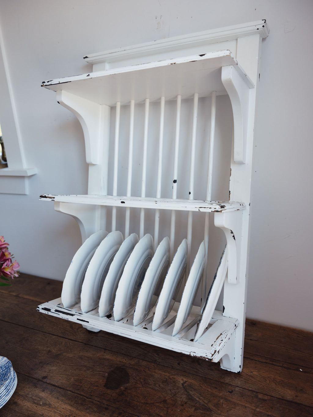 Plate Rack with Hooks - Distressed White