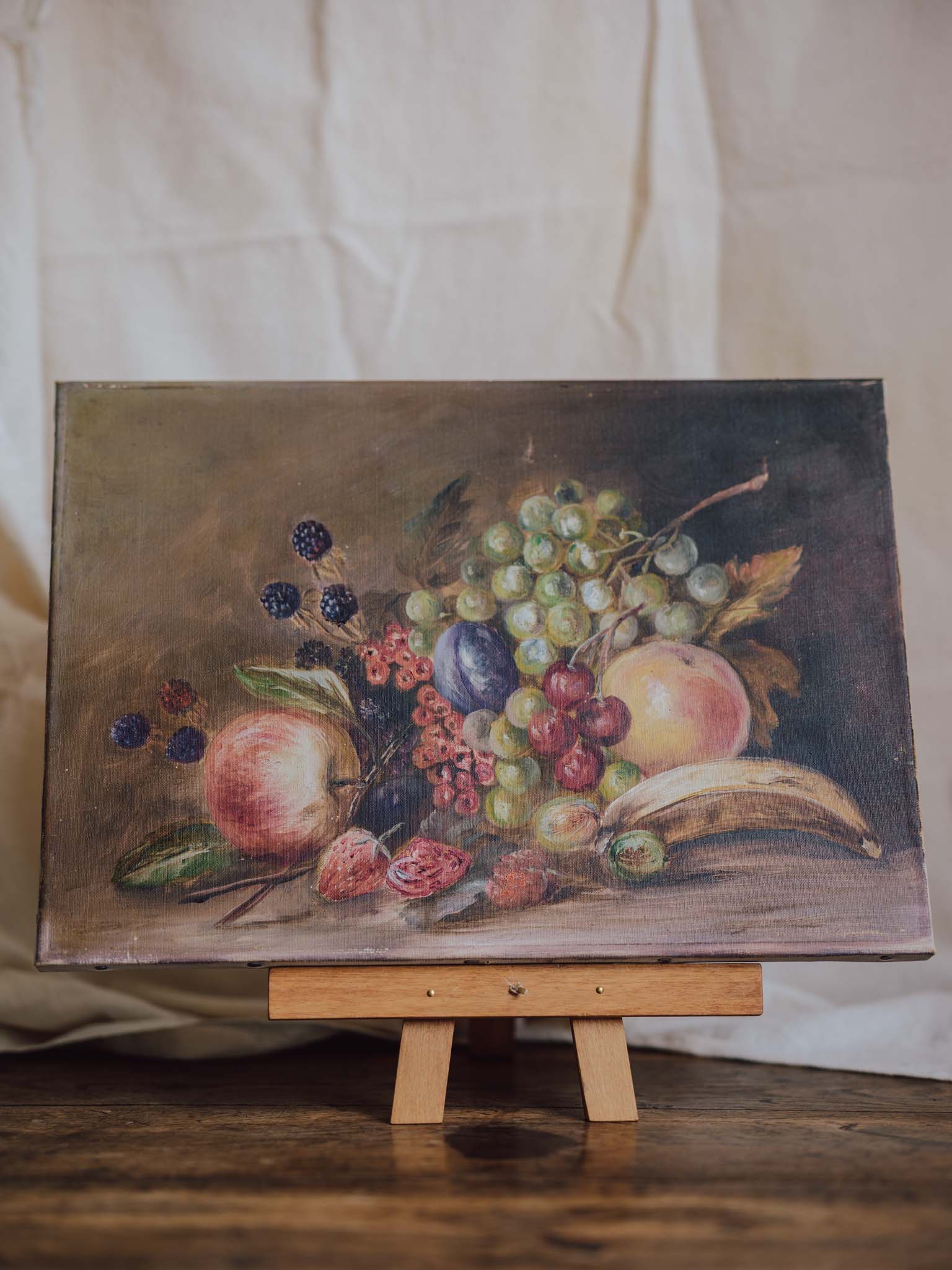 Vintage Still Life Oil Painting – Grapes, Peaches & Bananas