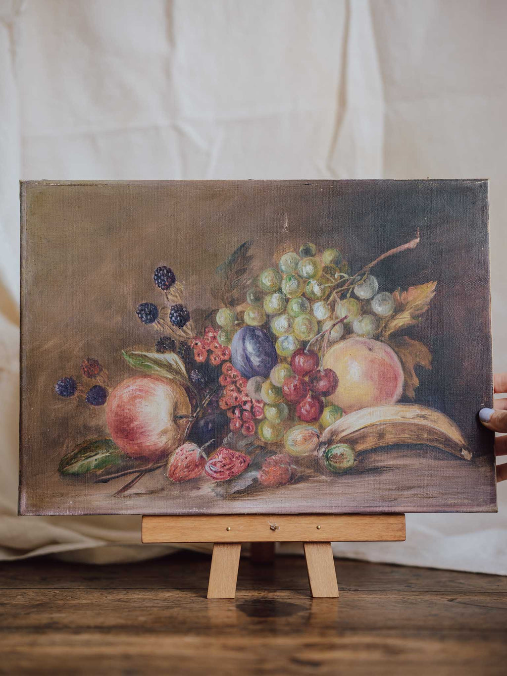 Vintage Still Life Oil Painting – Grapes, Peaches & Bananas
