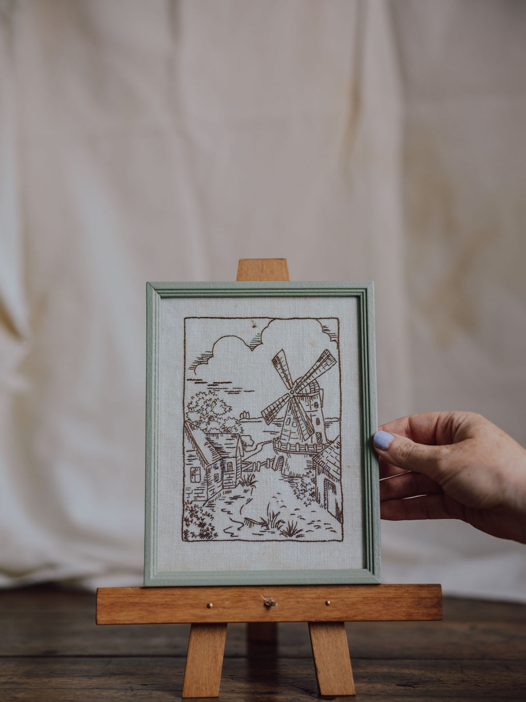 Framed Dutch Hand-Stitched Linen – Windmill Scene