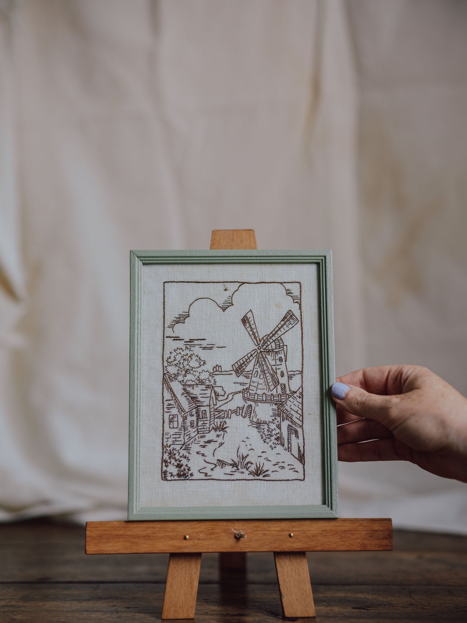 Framed Dutch Hand-Stitched Linen – Windmill Scene