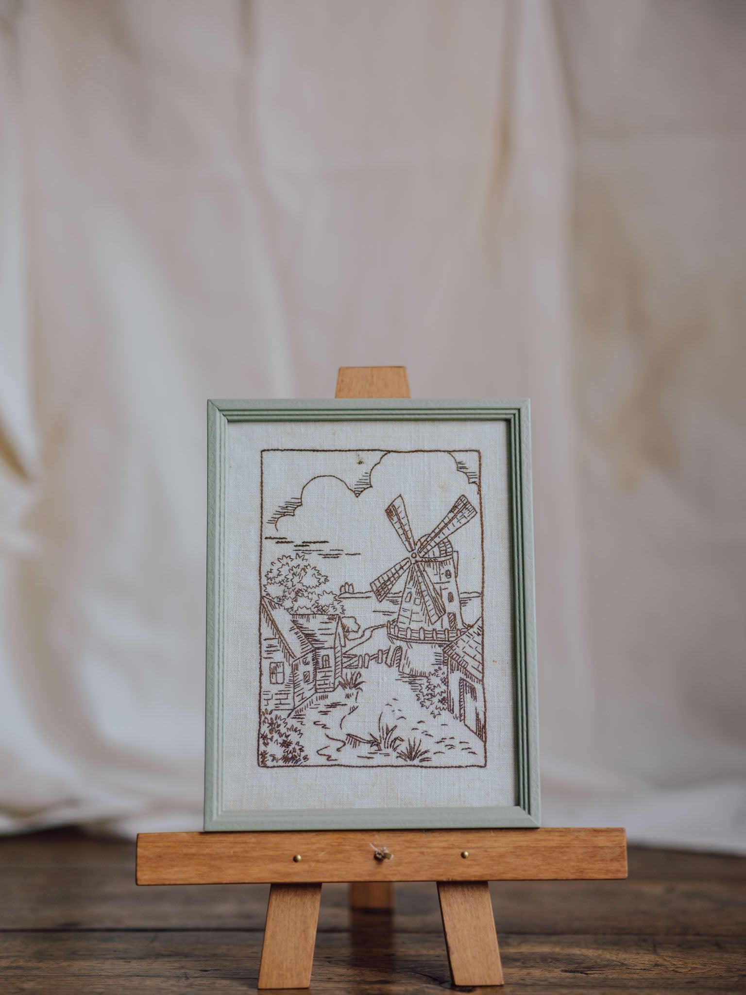 Framed Dutch Hand-Stitched Linen – Windmill Scene