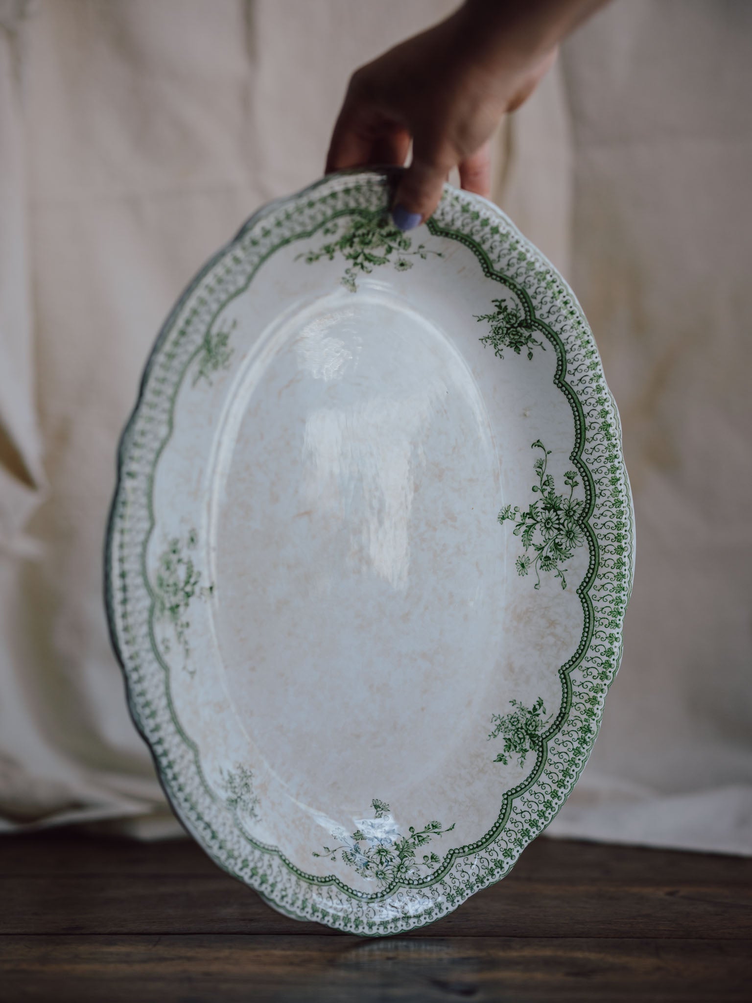 Antique “Estevez” Green Floral Ashet – New Wharf Pottery England