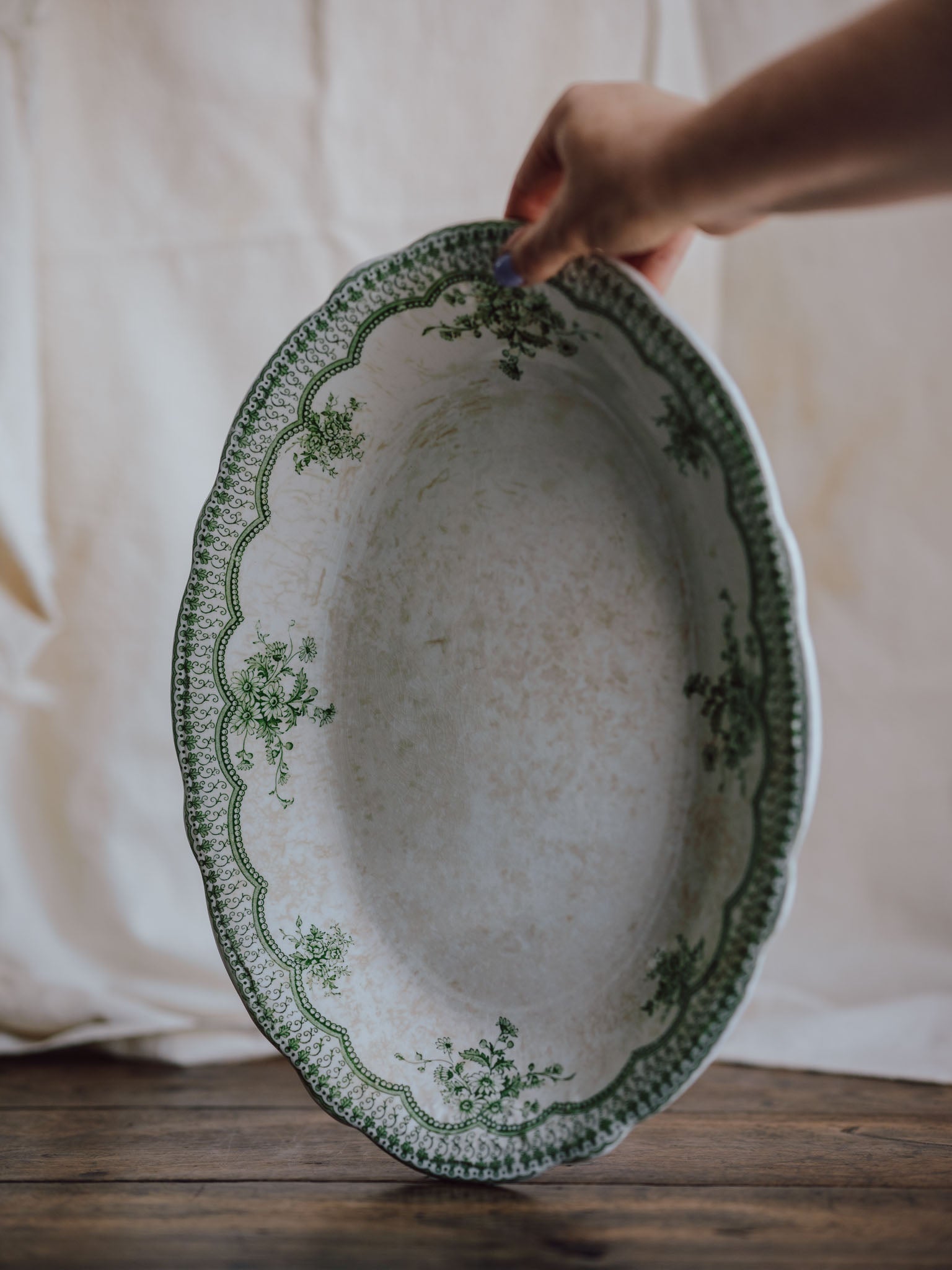 Antique “Estevez” Green Floral Ashet – New Wharf Pottery England