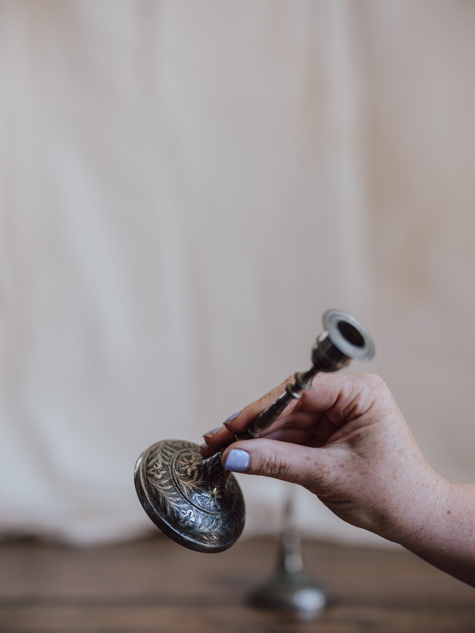 Silver-Washed Engraved Indian Candlesticks – Pair
