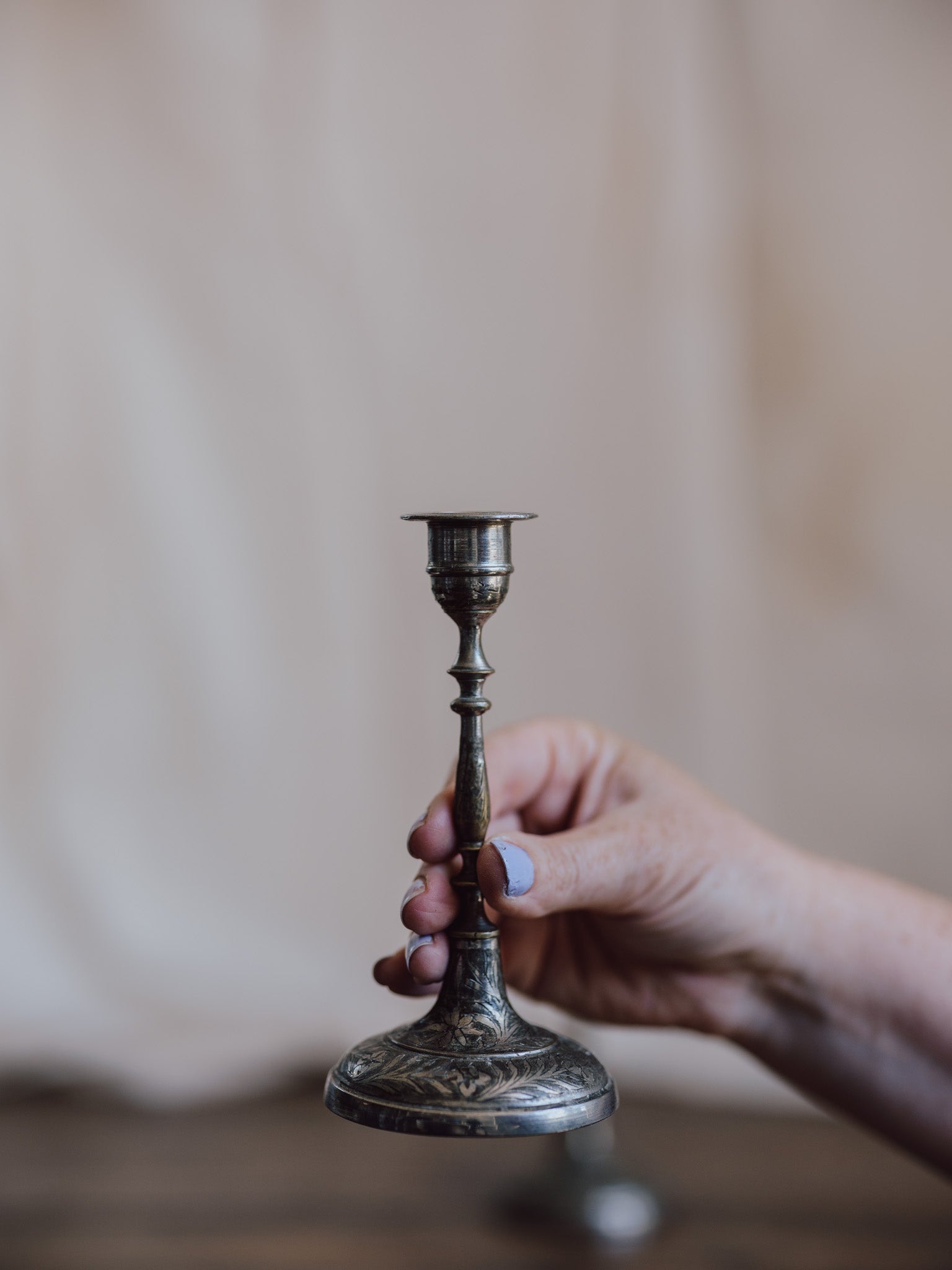 Silver-Washed Engraved Indian Candlesticks – Pair