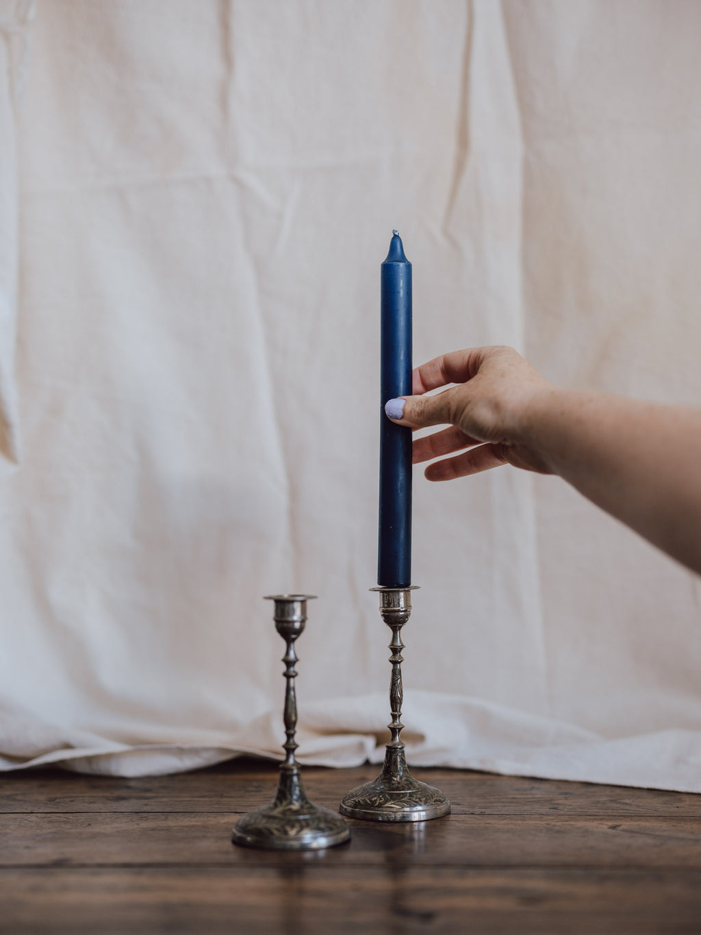 Silver-Washed Engraved Indian Candlesticks – Pair