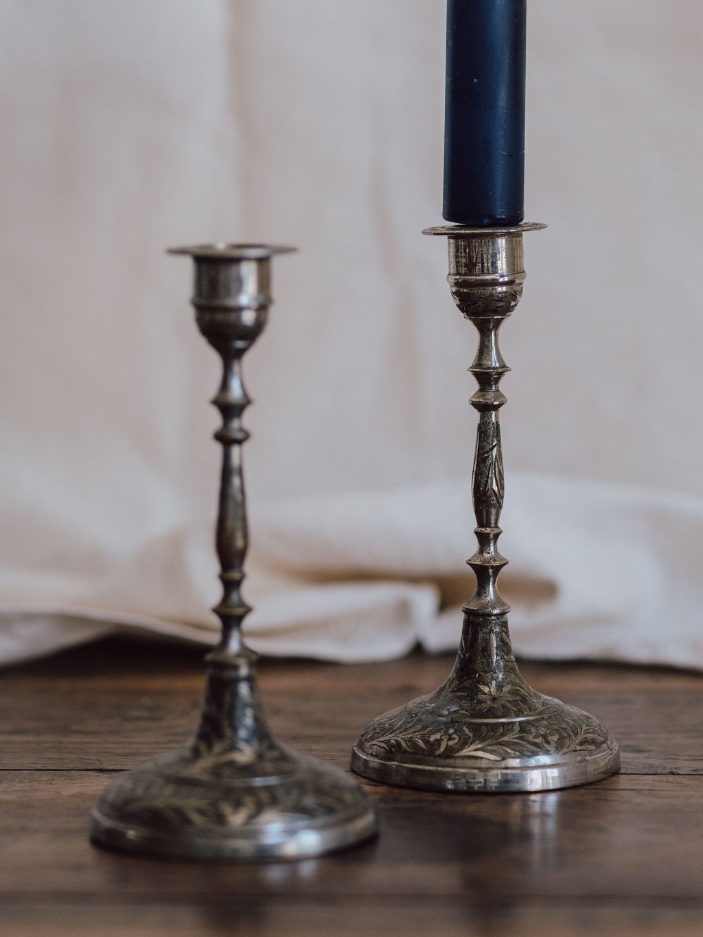 Silver-Washed Engraved Indian Candlesticks – Pair