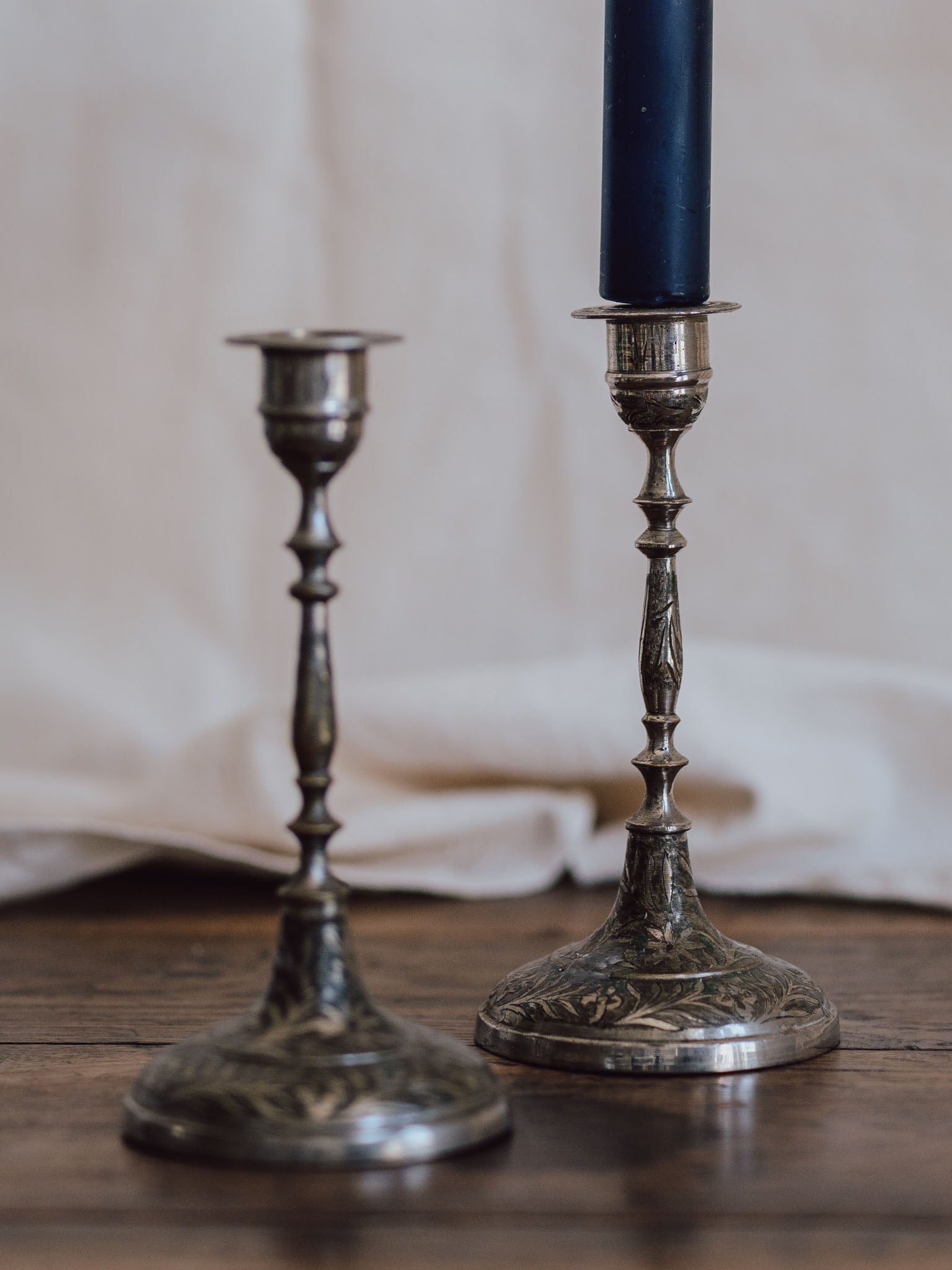 Silver-Washed Engraved Indian Candlesticks – Pair