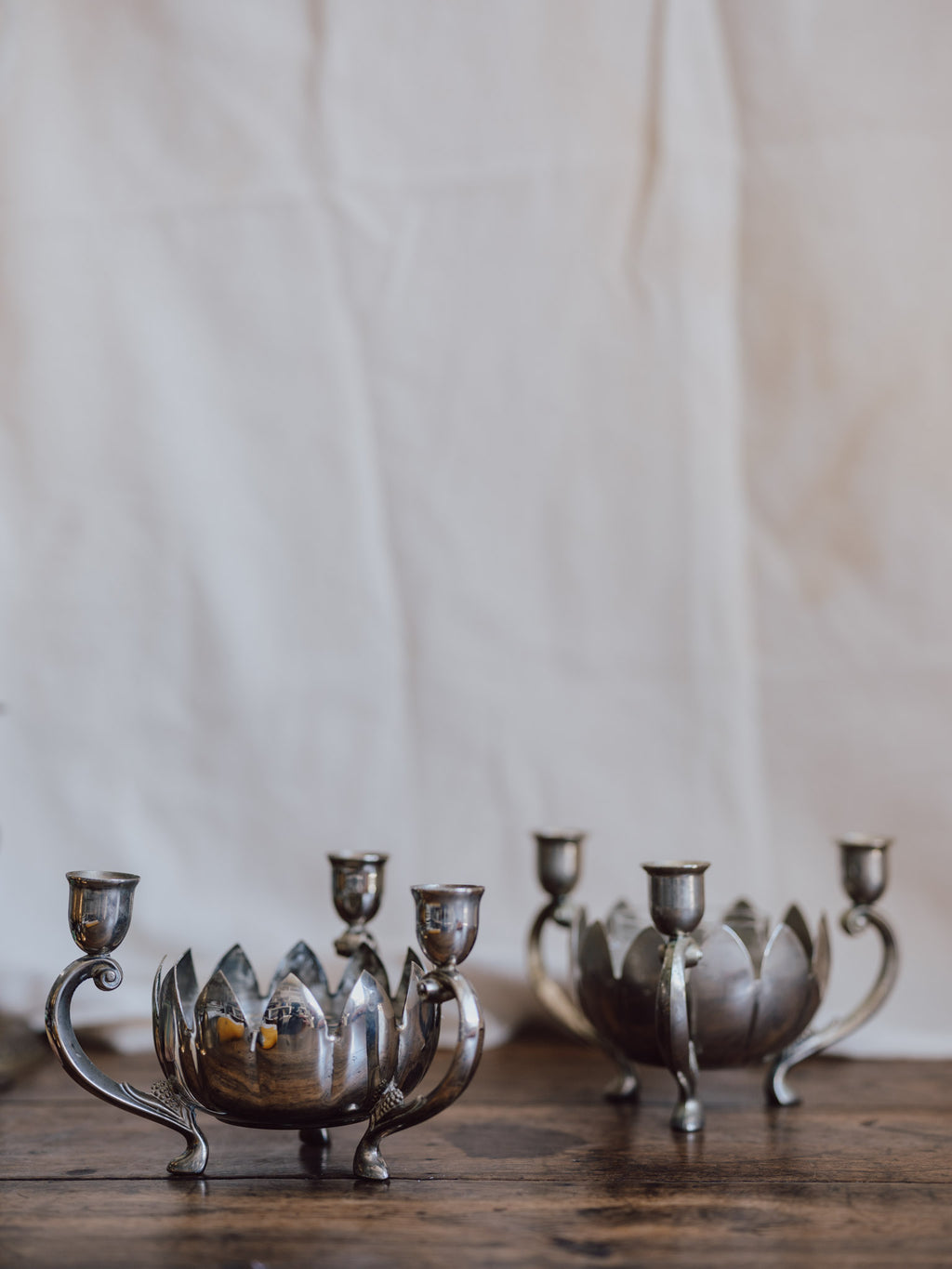Pair of Silver Plated Lotus Centerpieces with Triple Candle Holders