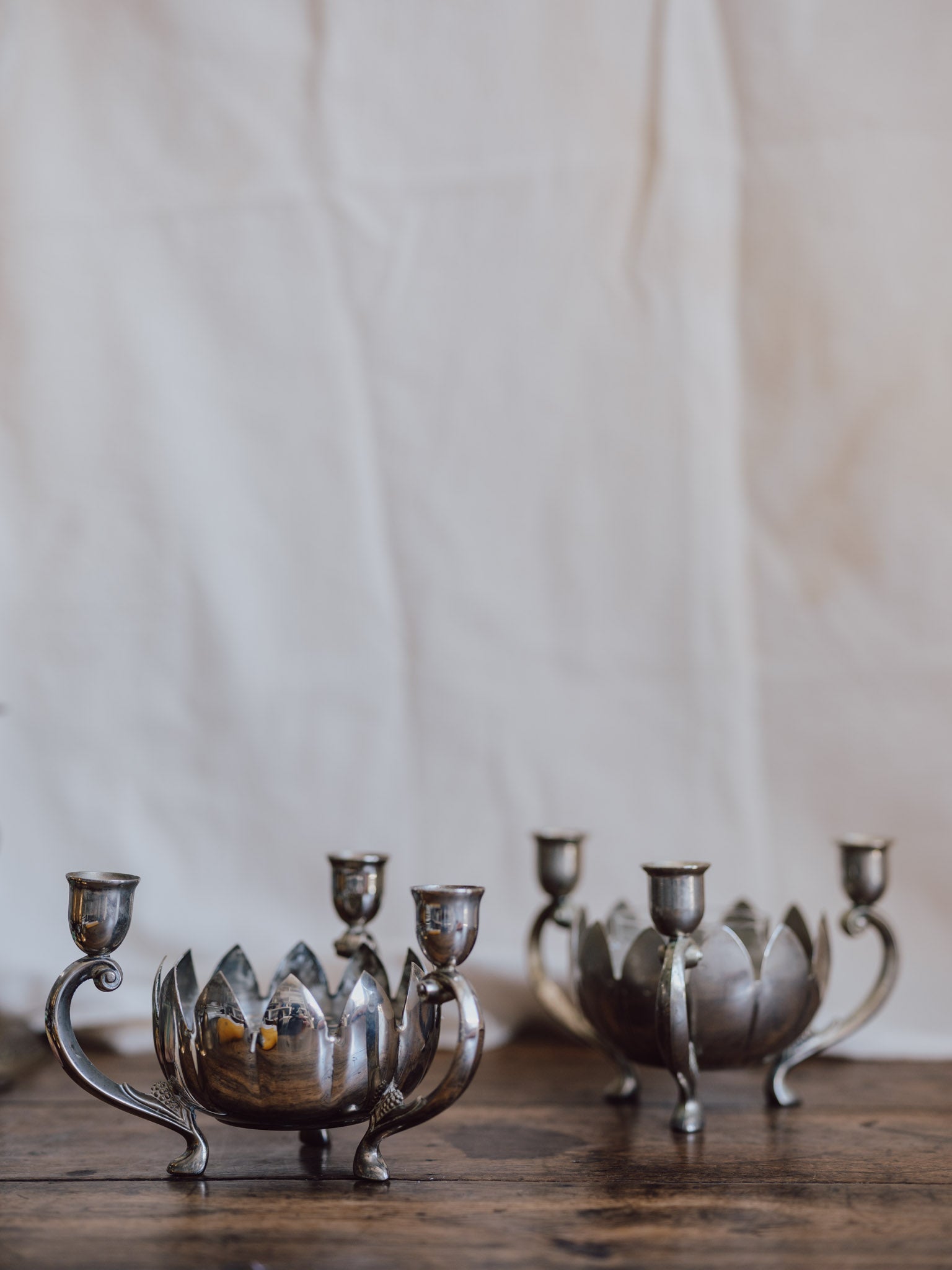 Pair of Silver Plated Lotus Centerpieces with Triple Candle Holders