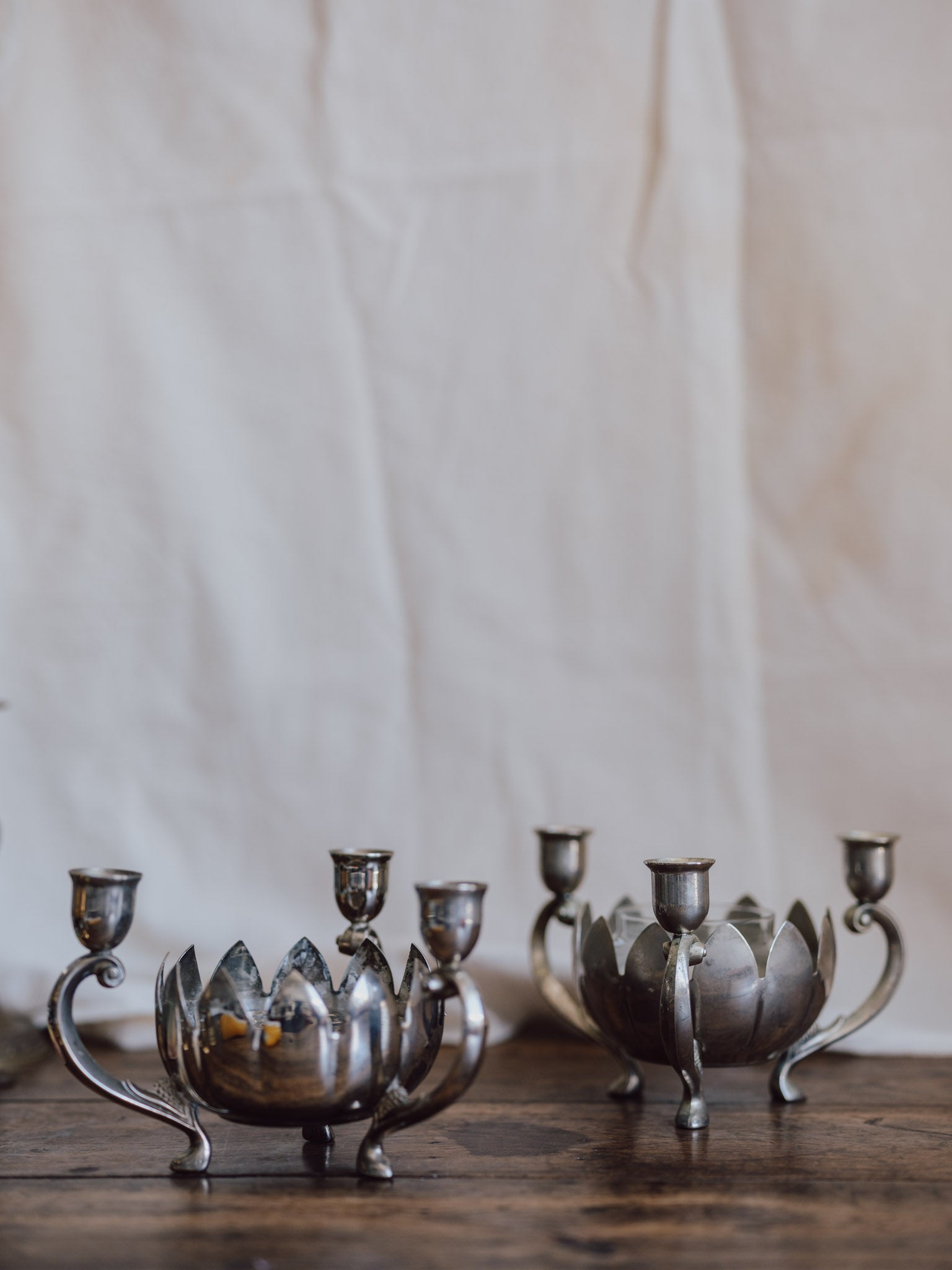 Pair of Silver Plated Lotus Centerpieces with Triple Candle Holders