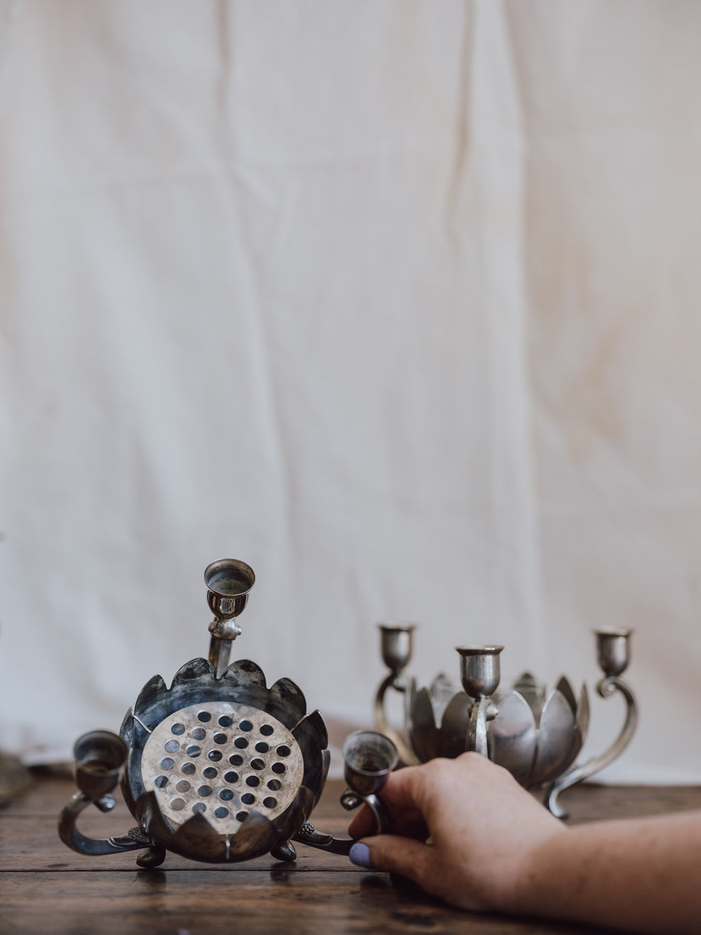 Pair of Silver Plated Lotus Centerpieces with Triple Candle Holders