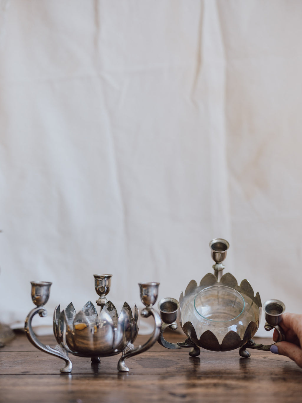 Pair of Silver Plated Lotus Centerpieces with Triple Candle Holders