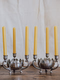Pair of Silver Plated Lotus Centerpieces with Triple Candle Holders