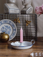 Vintage Enamel Candlestick Holder with Handle