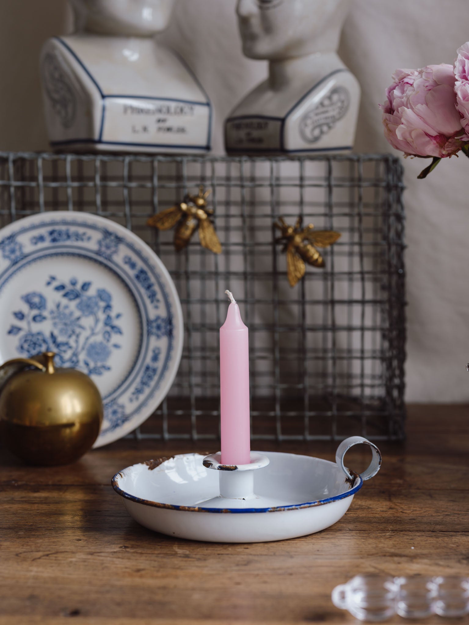 Vintage Enamel Candlestick Holder with Handle