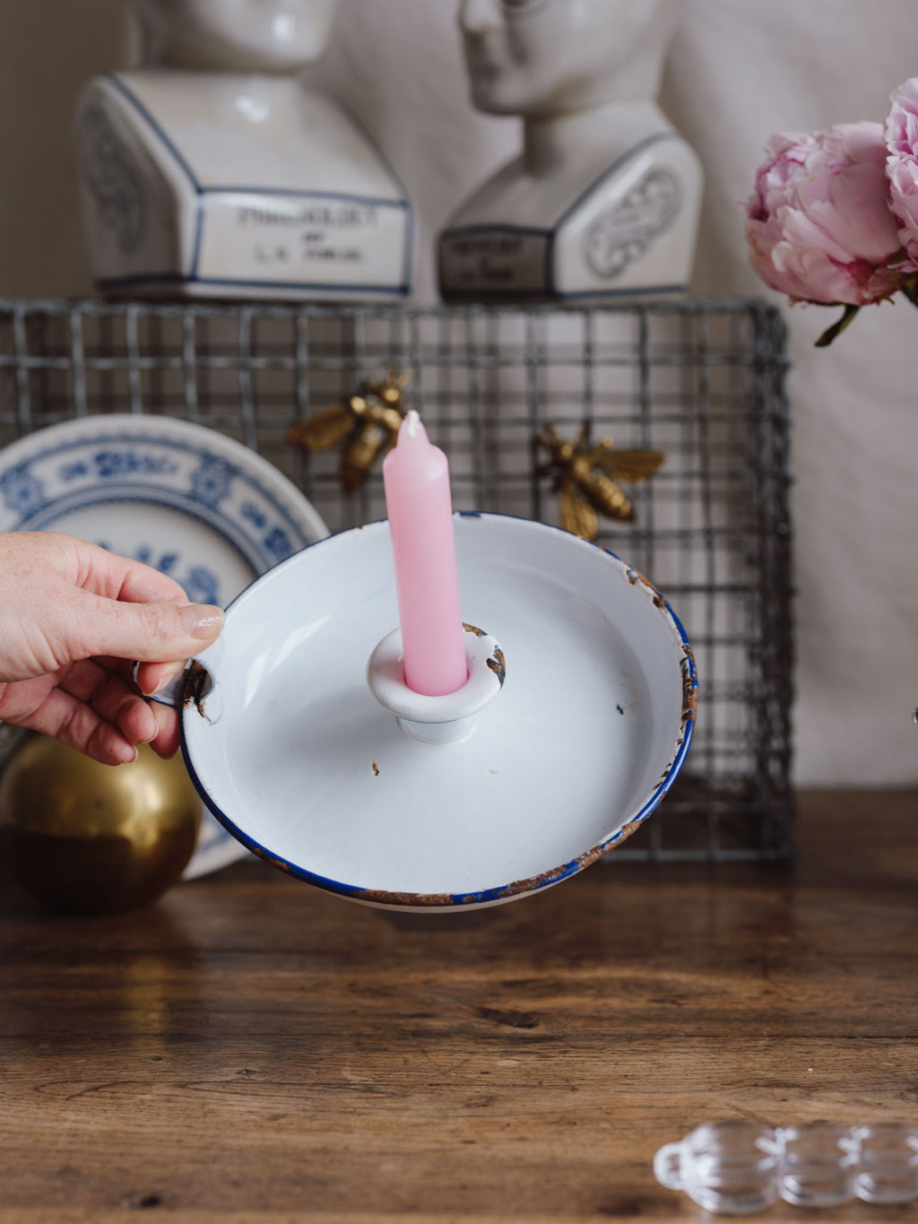 Vintage Enamel Candlestick Holder with Handle