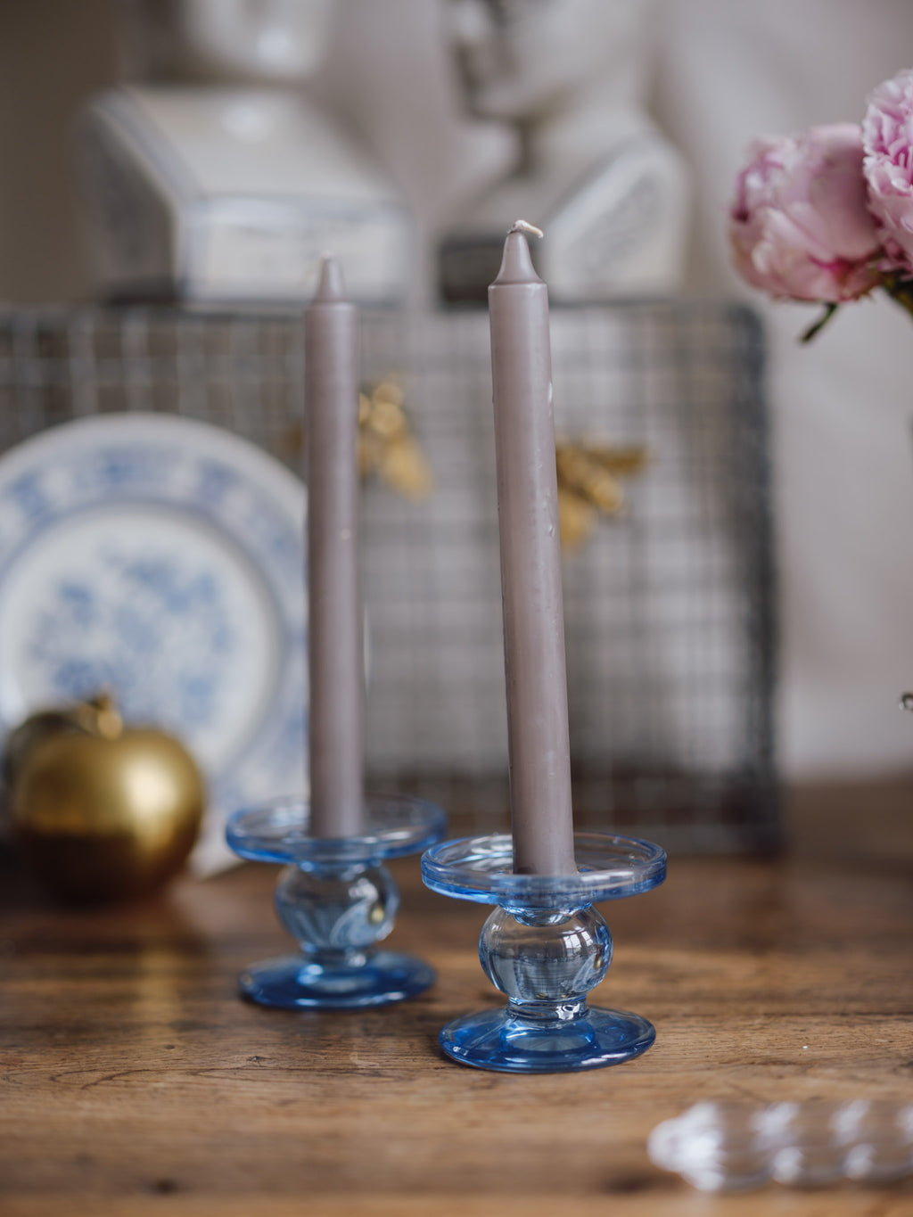 Pair of Blue Glass Candlestick Holders