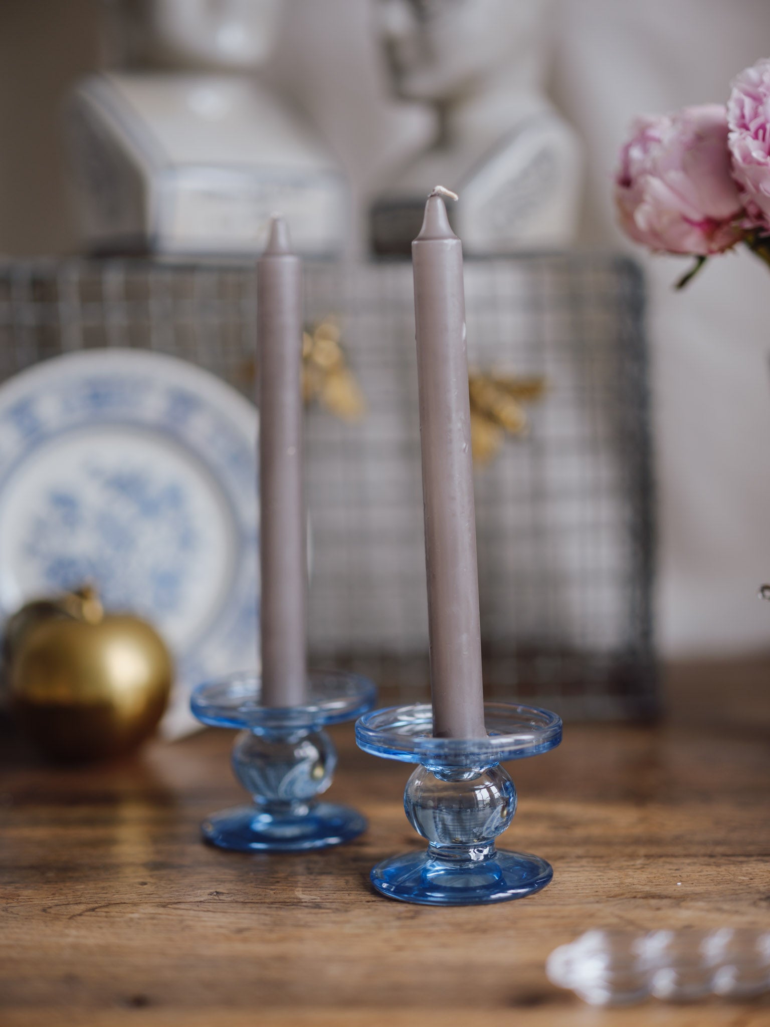 Pair of Blue Glass Candlestick Holders