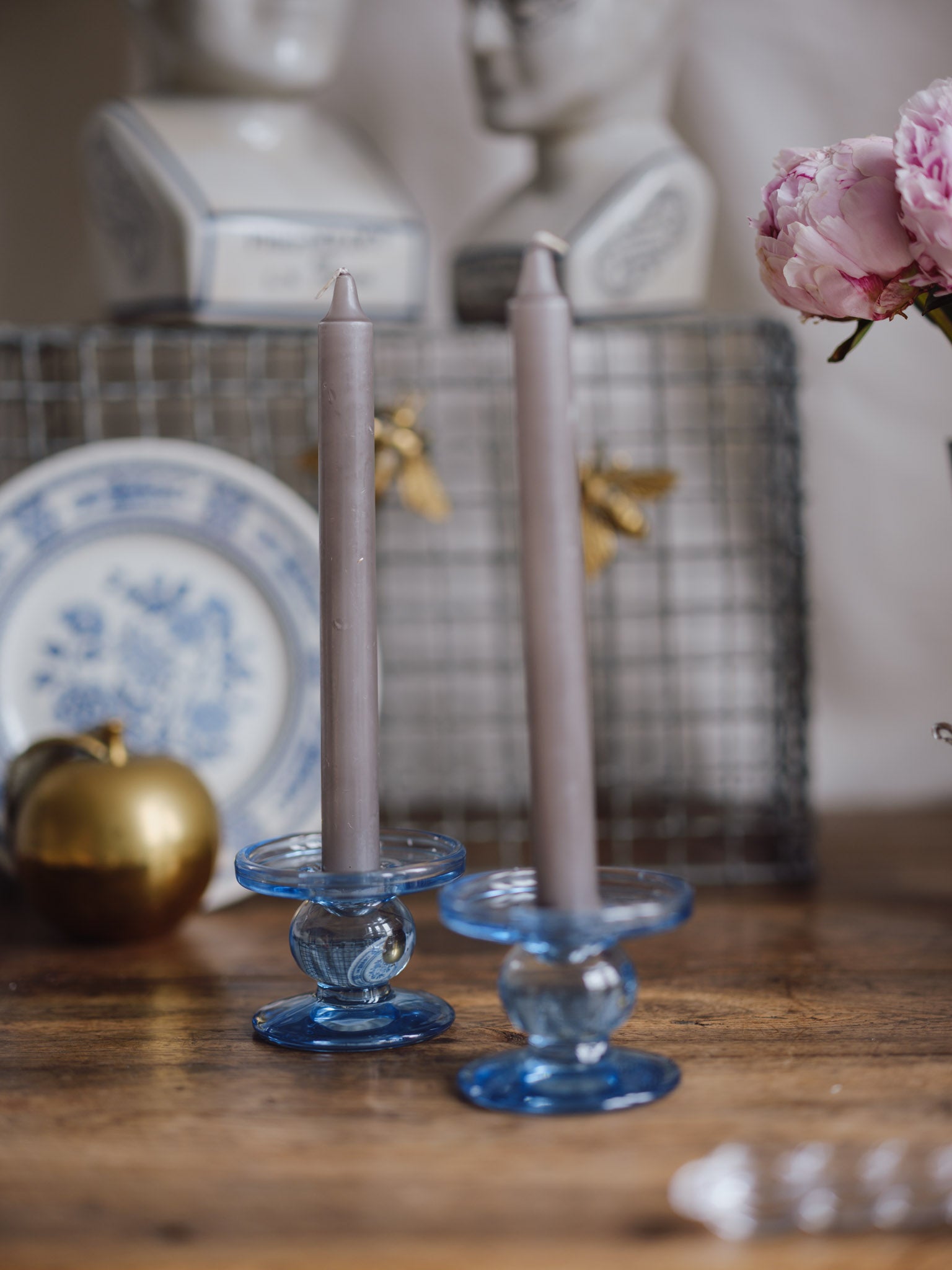 Pair of Blue Glass Candlestick Holders