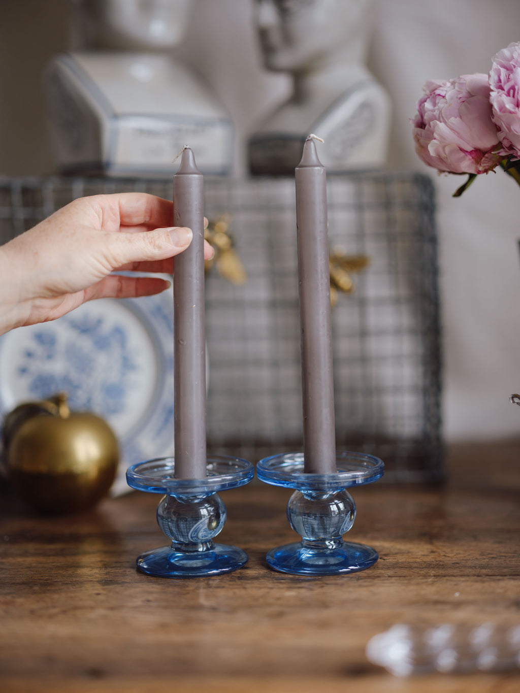Pair of Blue Glass Candlestick Holders