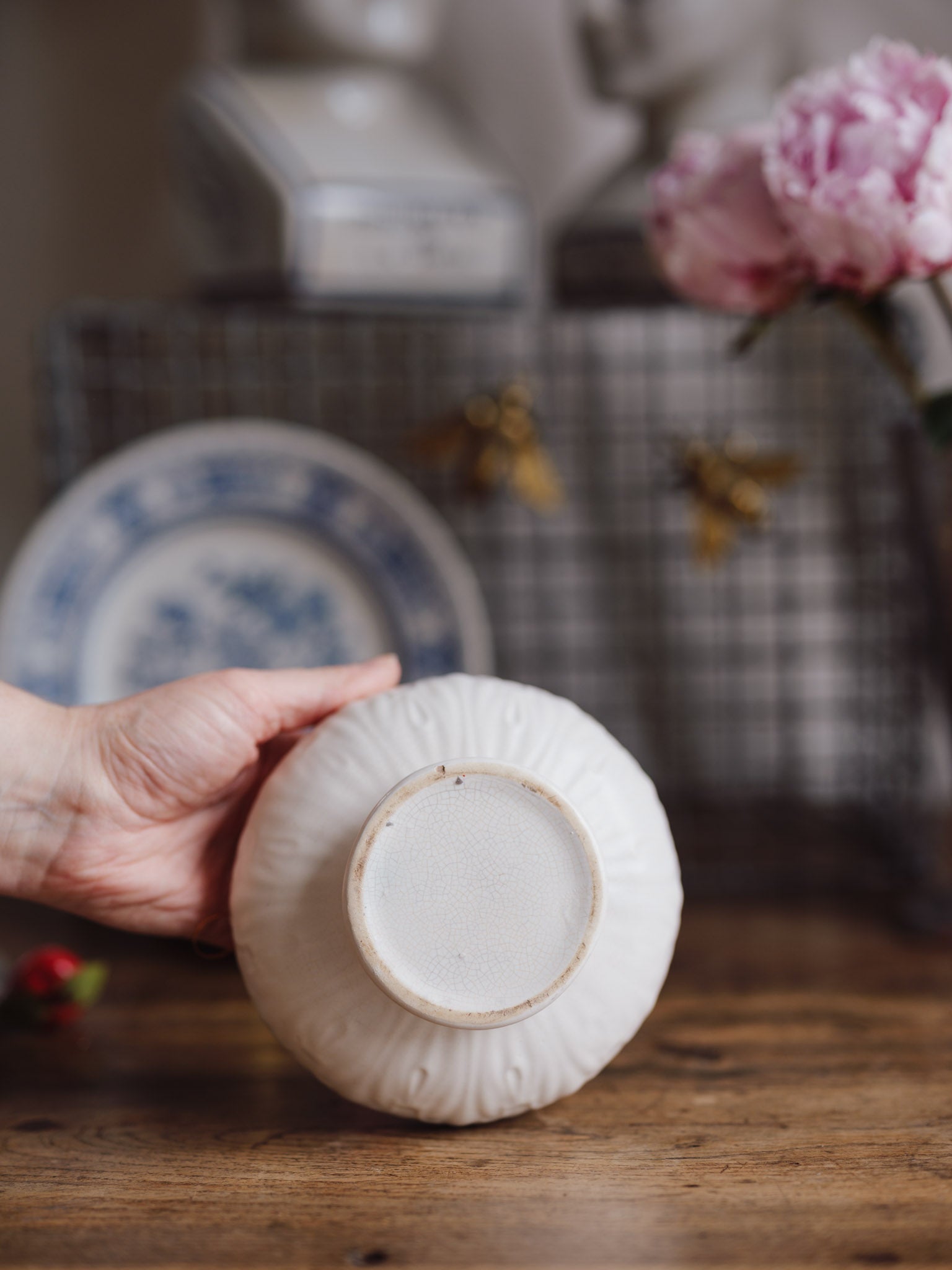 1930s Cream Pedestal Bowl with Botanical Relief Pattern