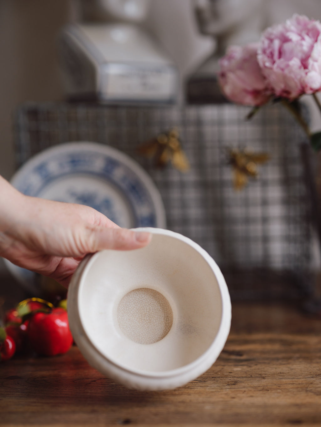 1930s Cream Pedestal Bowl with Botanical Relief Pattern