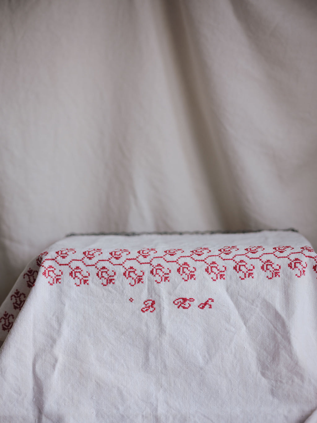 Antique Red Embroidered Fabric Panel