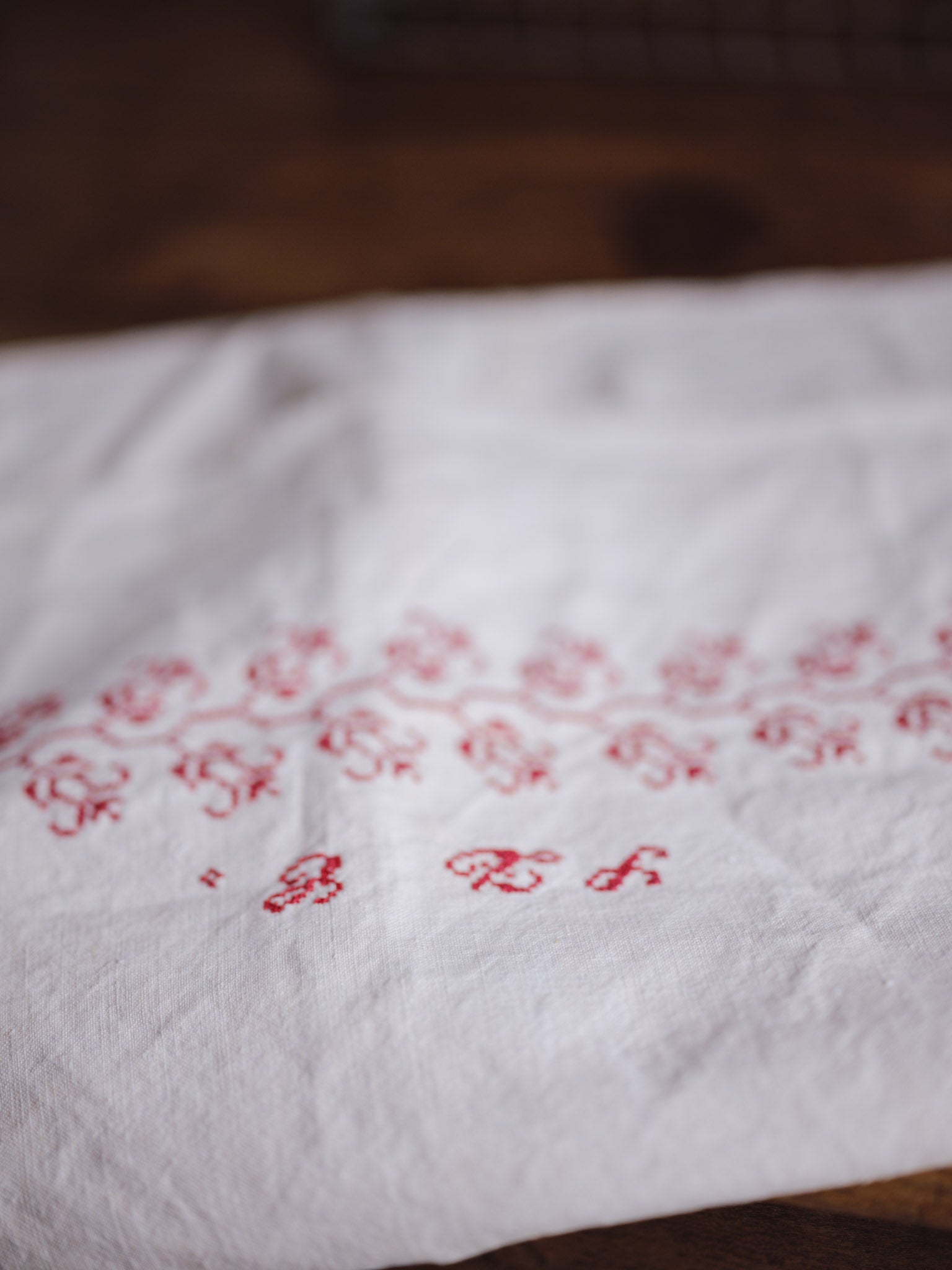 Antique Red Embroidered Fabric Panel