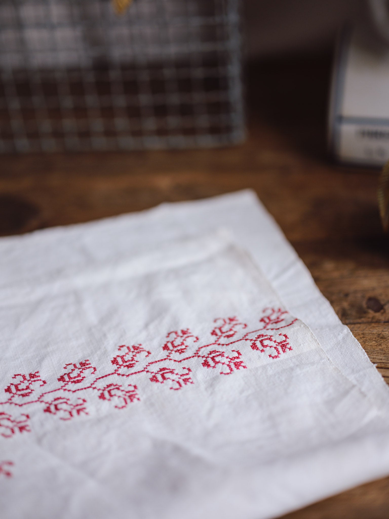Antique Red Embroidered Fabric Panel