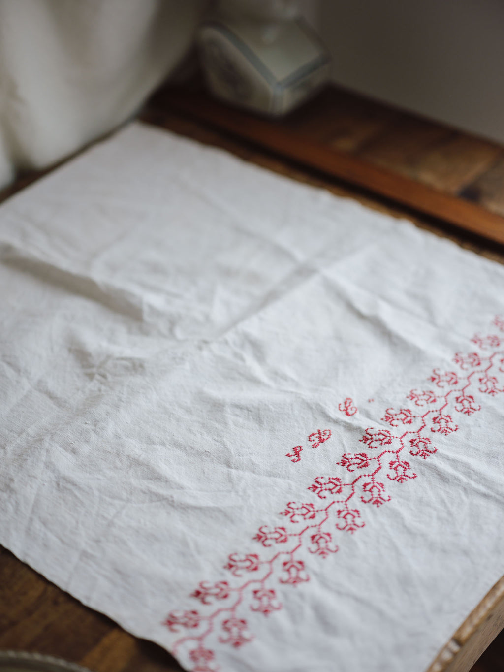 Antique Red Embroidered Fabric Panel