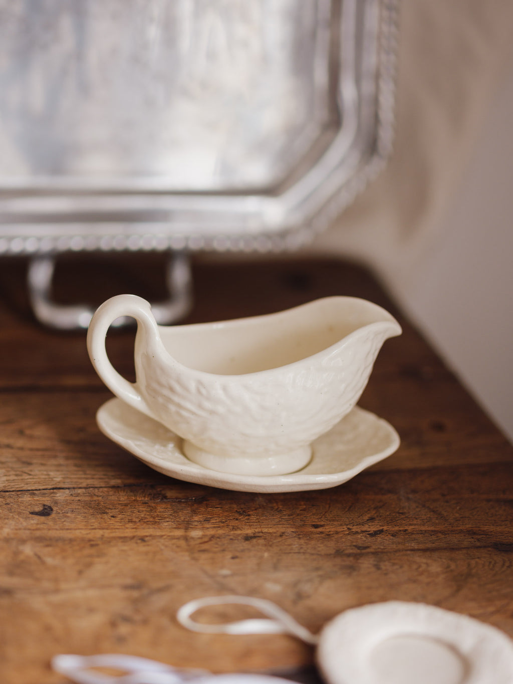 Vintage Off-White Cabbage Leaf Gravy Boat & Saucer