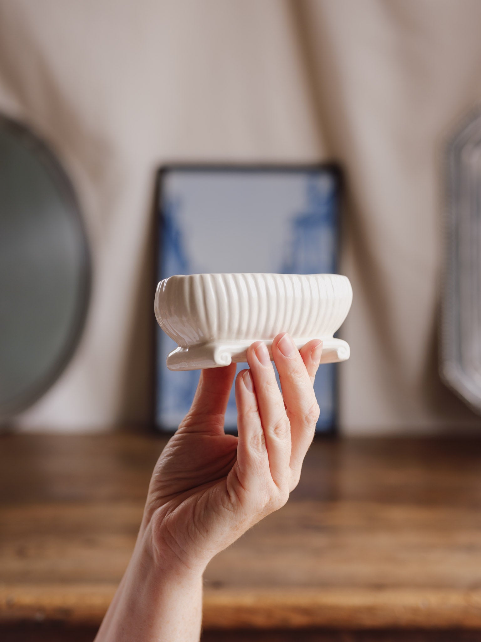 Ribbed White Ceramic Trough Vase